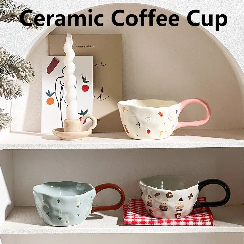 300ml Hand-painted Flower Ceramic Coffee Cup Cute Style Print Porcelain Handmade Breakfast Milk Juice Tea Chocolate Handle Mug Oasis Select