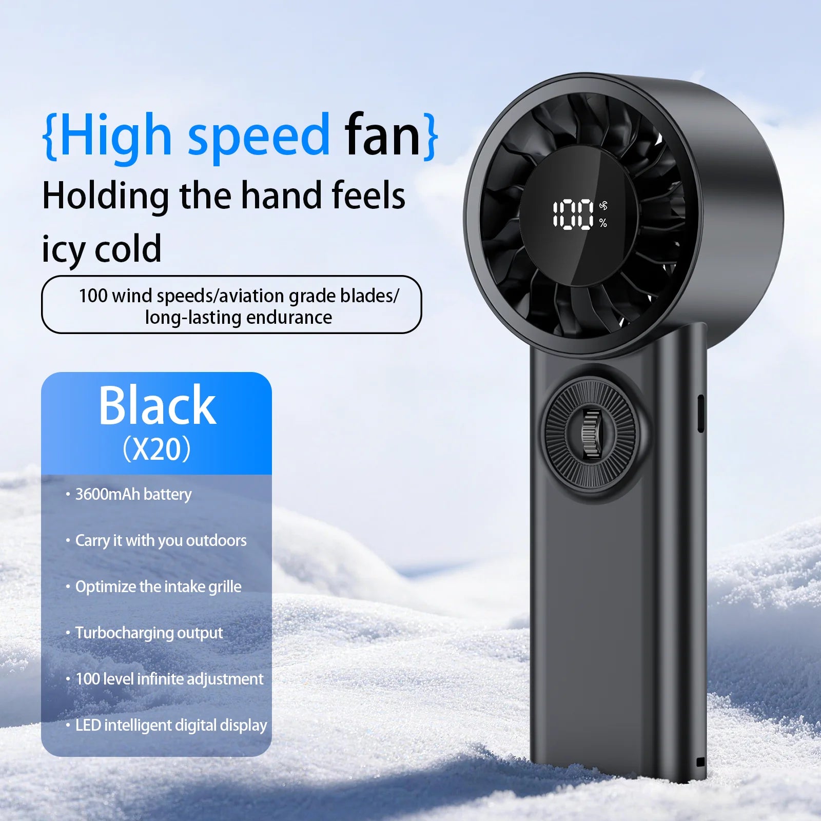 3600mAh Rechargeable Fan Ultra Quiet Handheld Fan 100 Gear Wind Speed Turbo Airflow Rechargeable Portable Fan For Office Travel Oasis Select black