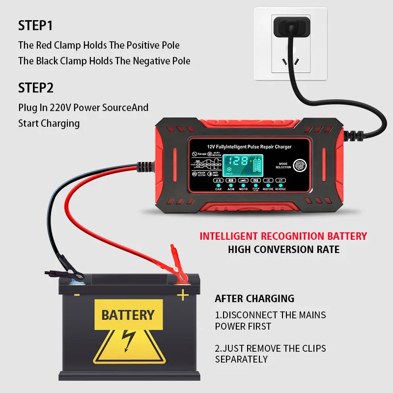 14.6V 6A LiFePO4 Battery Charger LCD Display 12V 6A Max Smart Pulse Repair Battery Charger For Car Moto Lead Acid AGM Batteries Oasis Select