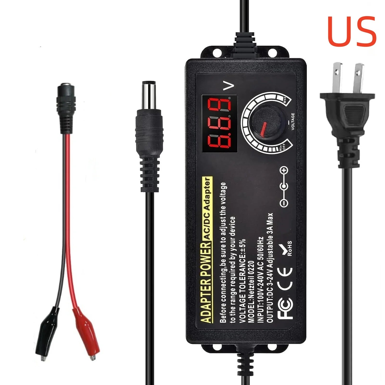 AC to DC Power Supply Adjustable Laboratory Supply Power Source 3V-24V-3A Portable Universal Adapter EU/US Plug Alligator Clip Oasis Select US Alligator Clip AC 100-240V DC 3A