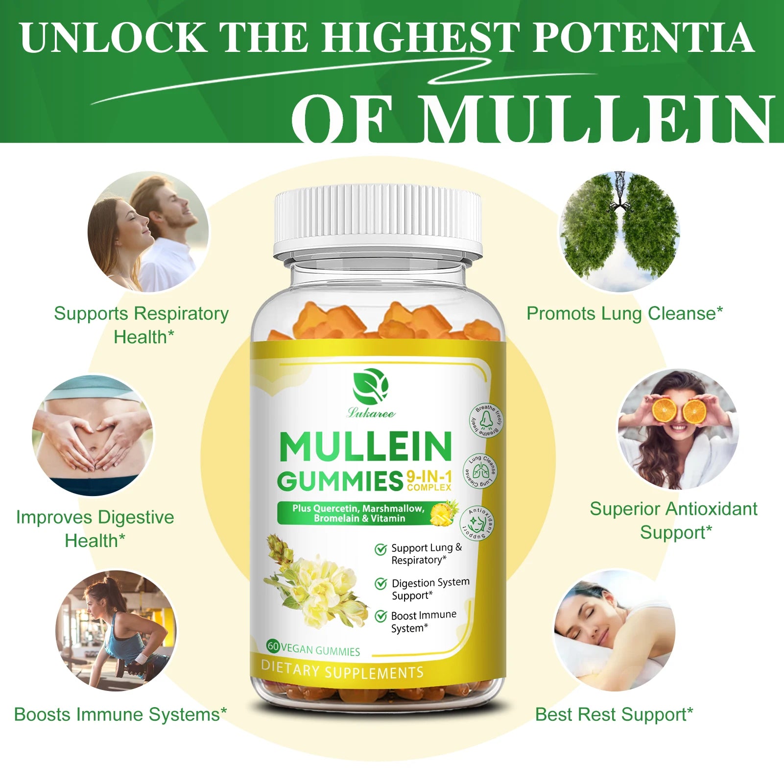 Lukaree 2Bottles 1000mg Mullein Gummies Lung Cleanse Support Respiratory Health Support Immune Health and Antioxidant Oasis Select