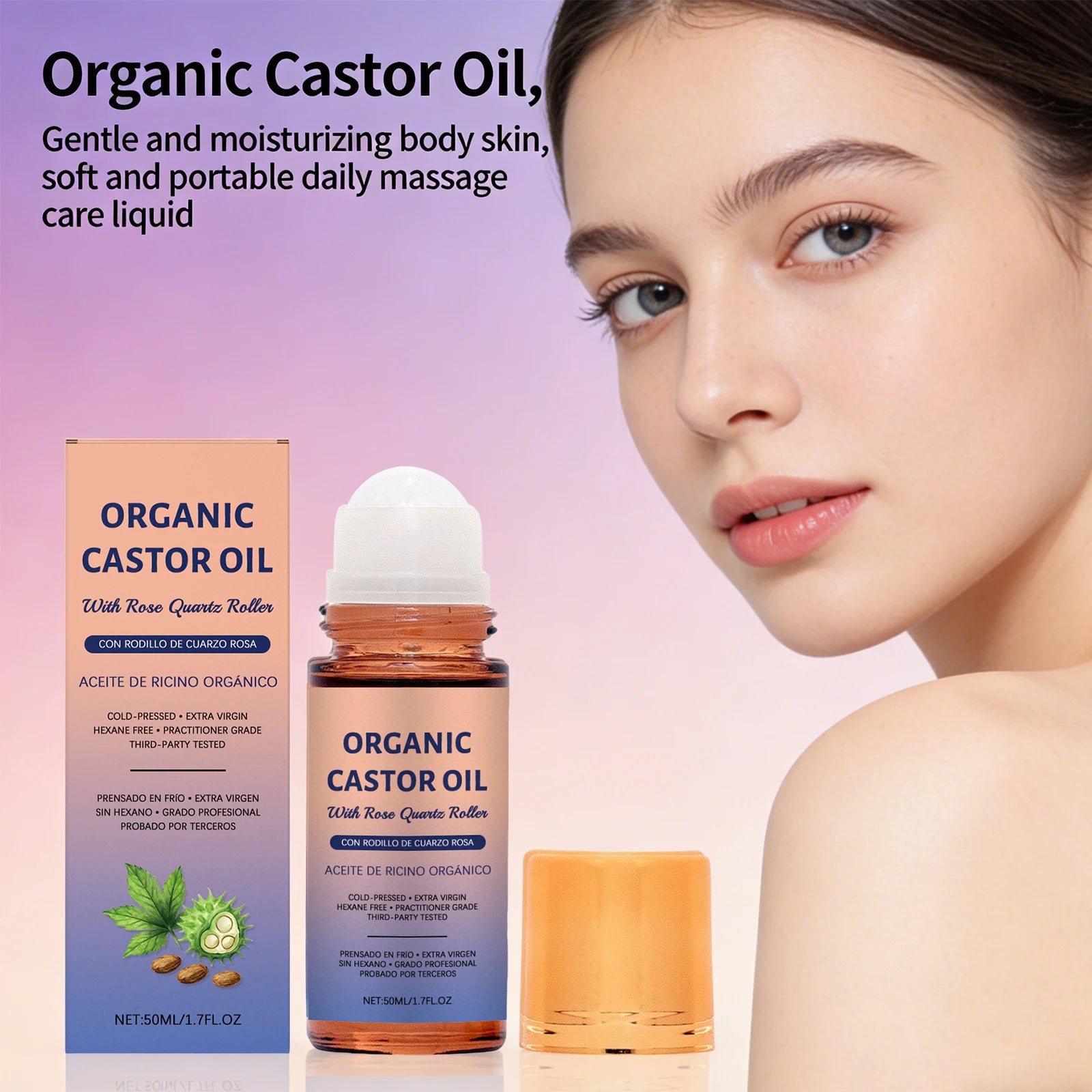 Organic Castor Oil Roller Cold Pressed Unrefined Essential Oil for Hair Eyelash Nail Growth Moisturize Skin Hair Massage Oil Oasis Select