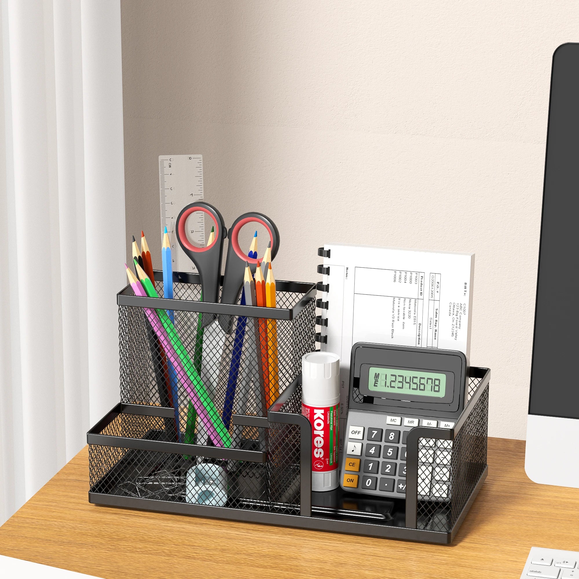 Mesh Desk Organizer Office Supplies Caddy with Pencil Holder and Storage Baskets for Desktop Accessories, 3 Compartments, Black Oasis Select