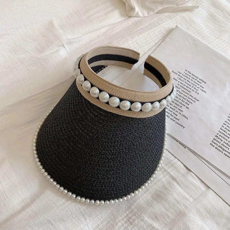 Summer Beach Straw Hat with Pearls for Women Wide Brim Open Crown Elegant Raffia Sun Protection Cap Holiday Essentials Oasis Select A1