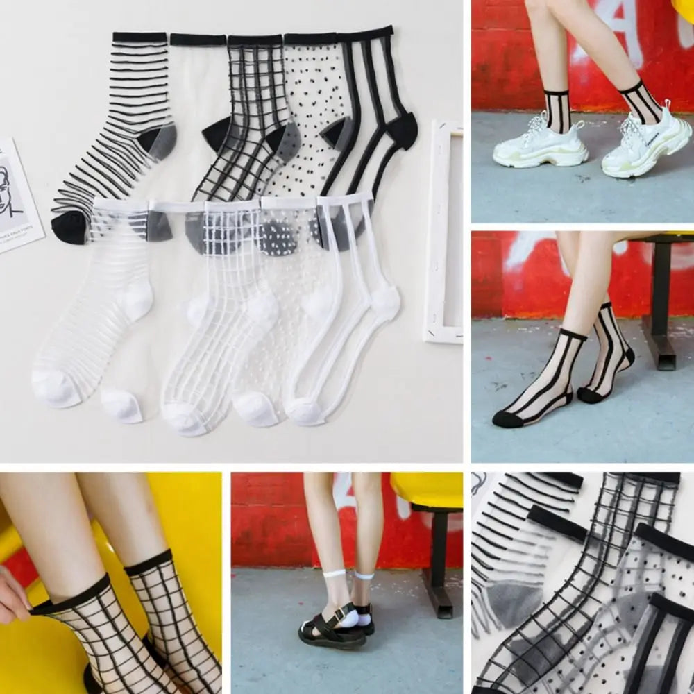 Women Ladies Socks Fashion Sheer Mesh Glass Silk Socks Ultrathin Transparent Crystal Lace Fabulous Elastic Summer Ankle Socks Oasis Select