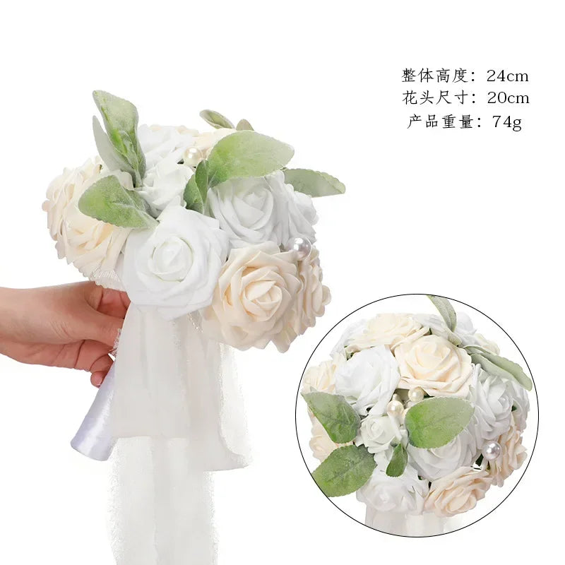Bridesmaid Gold Hoop Bouquet for Wedding Bridal Shower Ceremony Artificial Rose Flower Hoop Wreath Front Door Wall Decoration Oasis Select B-White