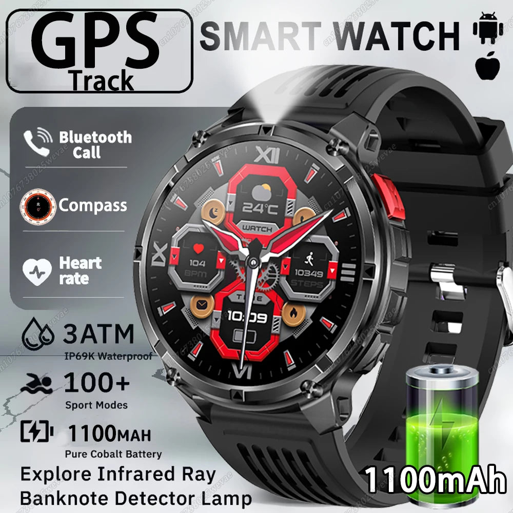 Rugged Military Smartwatch 1100mAh | Compass, Fitness & BT Calls