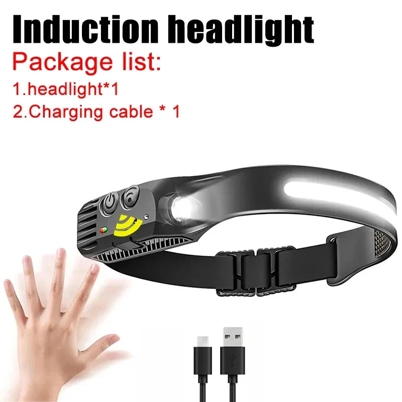 COB LED Headlamp Motion Sensor 10 Modes USB-C Rechargeable