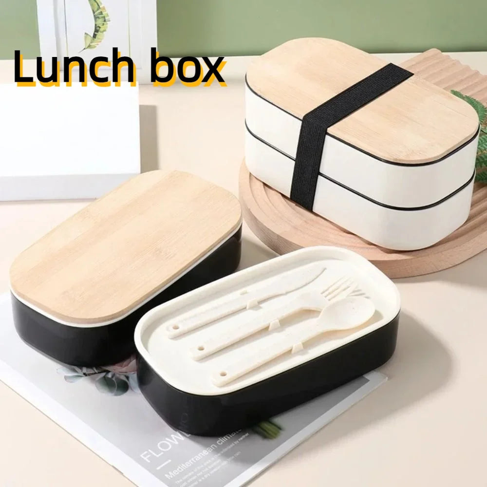 1200ML Divided Lunch Box Picnic Microwave Wooden Cover Japanese Bento Box Portable Double Layer Food Container For Kids Oasis Select