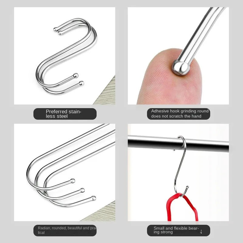 10PCS Stainless Steel S-shaped Hooks Heavy Duty Metal Hanging Multi-functional Coat Hook For Kitchen Bathroom Home Fastener Oasis Select
