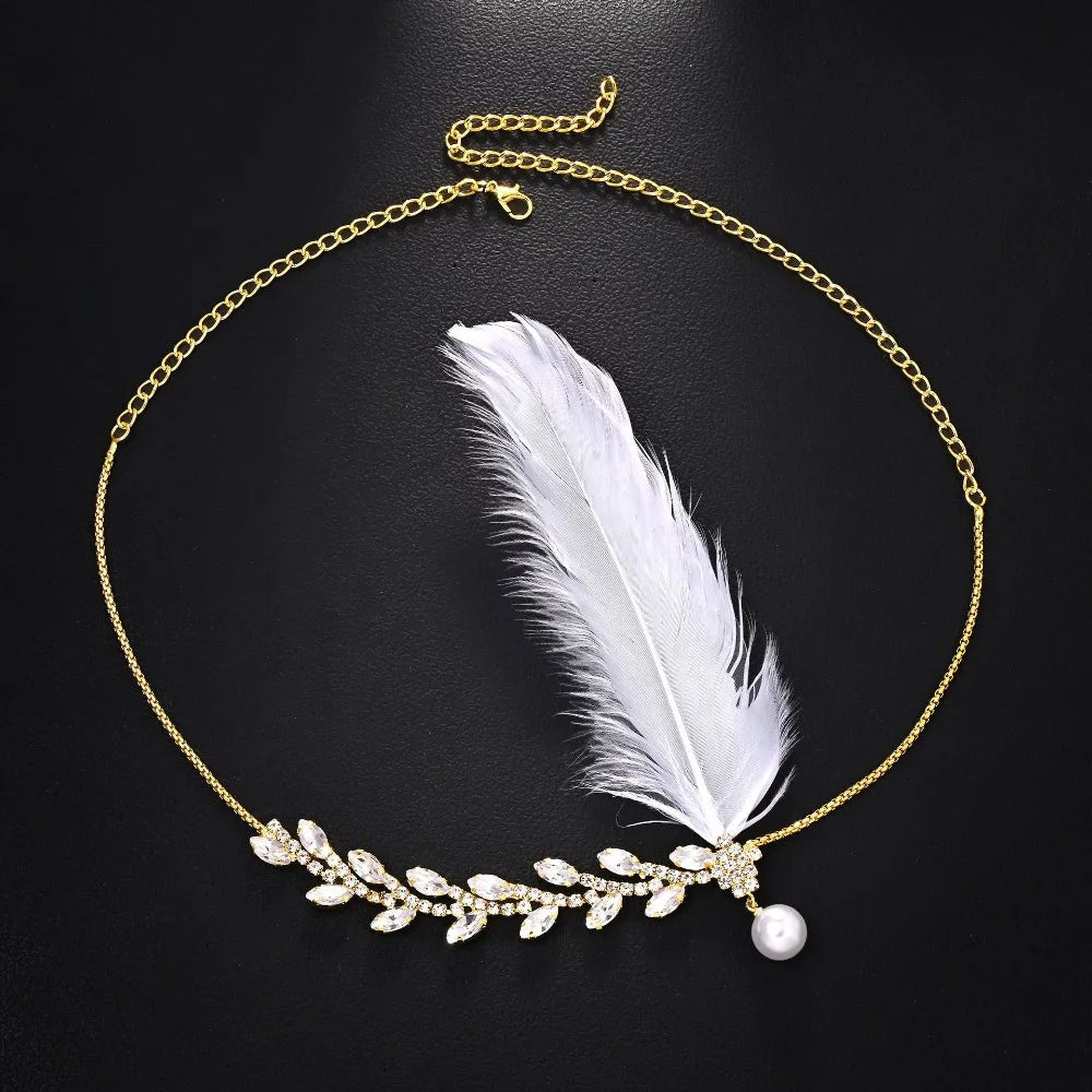 New Retro Feather Hairband with Rhinestone Feather Shape Leaf Headwear Hair Band for Men And Women Oasis Select Gold