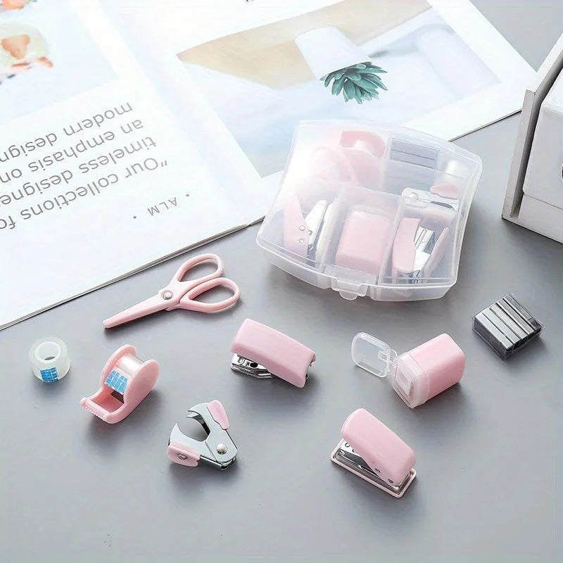 8PCS portable office school mini stationery gift box, including puncher, stapler, small tape, pencil case, scissors, 500 staples Oasis Select