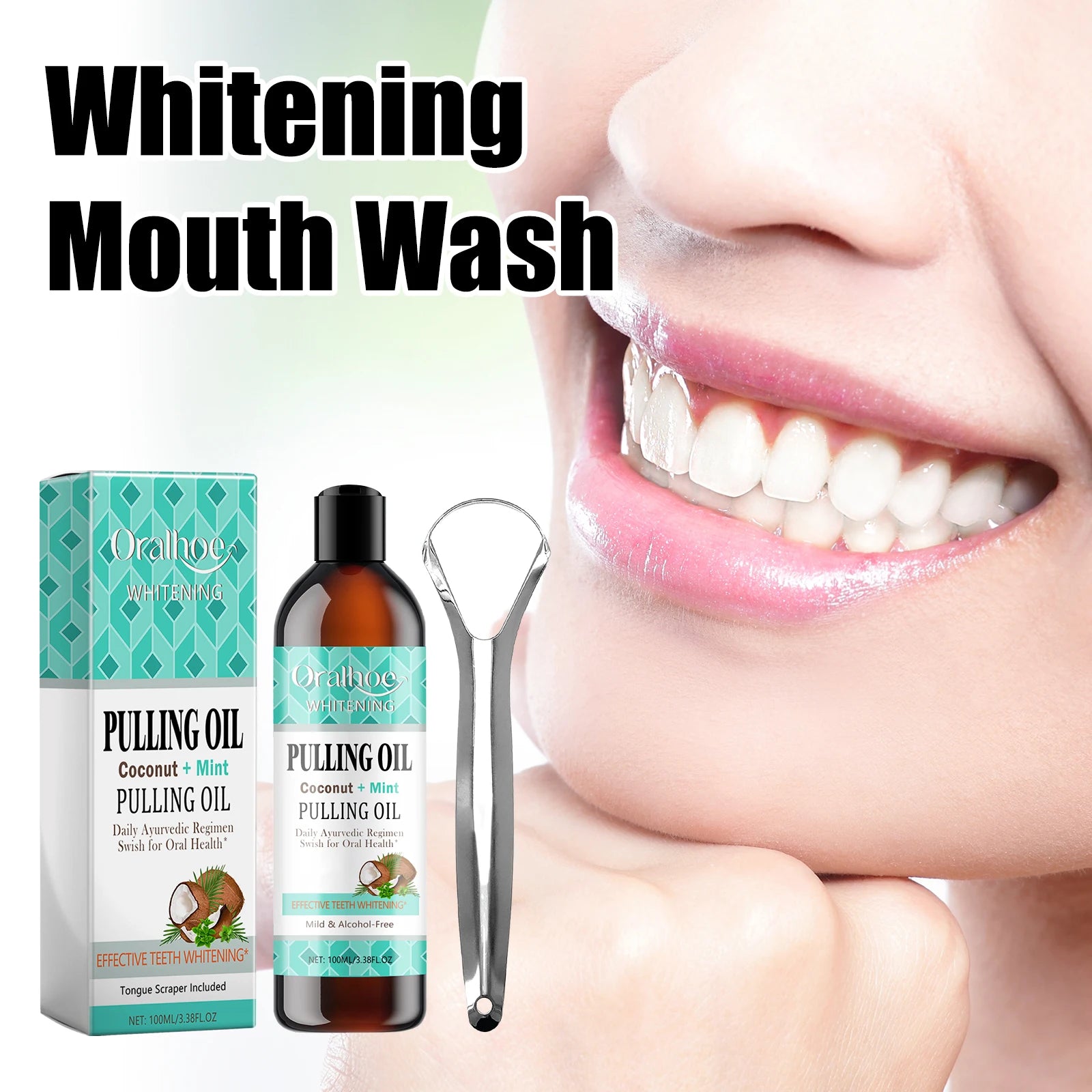 Coconut Mint Pulling Oil Mouthwash Kit With Tongue Scraper Fresh Oral Breath Odor Removal Alcohol-Free Whiten Tool Mouth Care Oasis Select