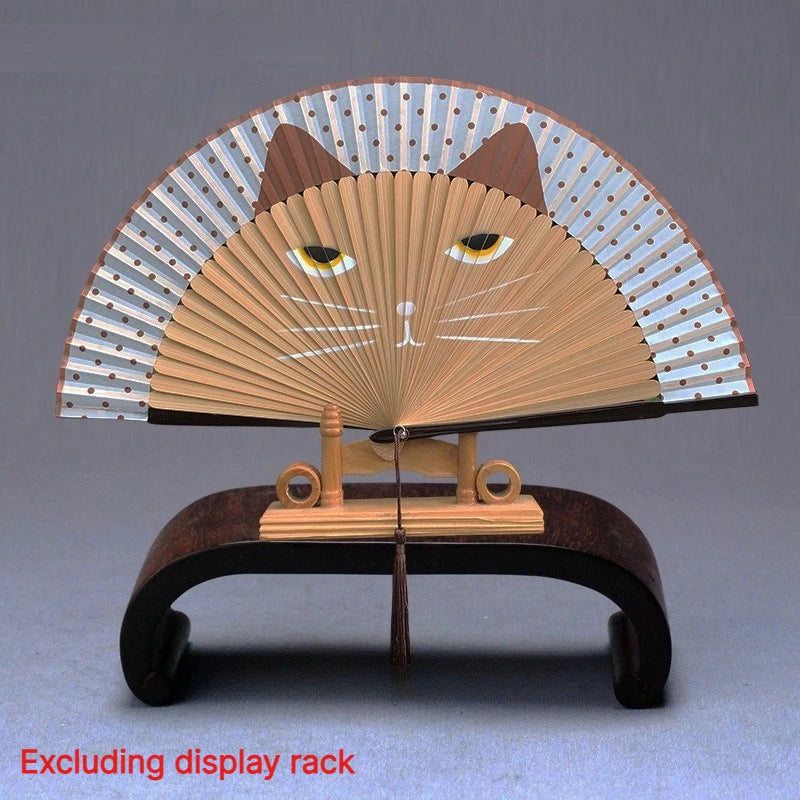 Chinese Style Summer Gift Cat Patterns Handmade Cartoon Home Decoration Silk Fan Folding Fan Fan Crafts Portable Bamboo Fan Oasis Select white
