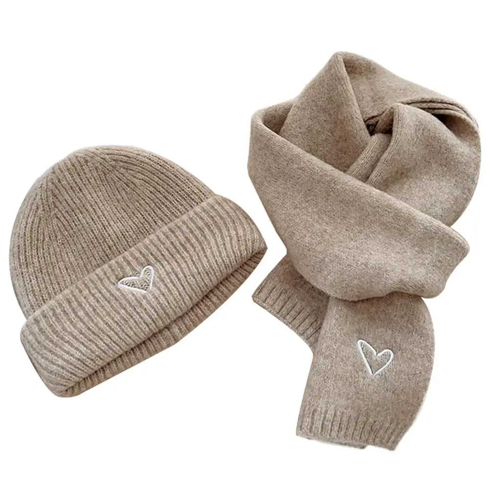 Winter Warm Solid Color Kids Knitted Hat Scarf Love Heart Embroidery Autumn Baby Beanie Outdoor Anti-cold Boys Girls Cap Scarves Oasis Select B