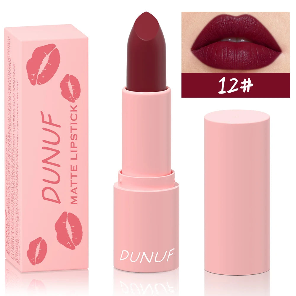 DUNUF 1 Pcs Matte Powder lipstick, Lasting 24 Hours Non-fading Waterproof Non-stick Easy to Color Lip Gloss Makeup Gift Oasis Select 12 Full Size