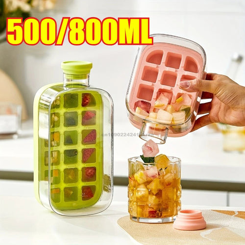 12-Grid 500/800ml Silicone Food-Grade Ice Cube Tray Large Capacity Water Bottle Combo with Lid Flexible Transparent Plastic Mold Oasis Select