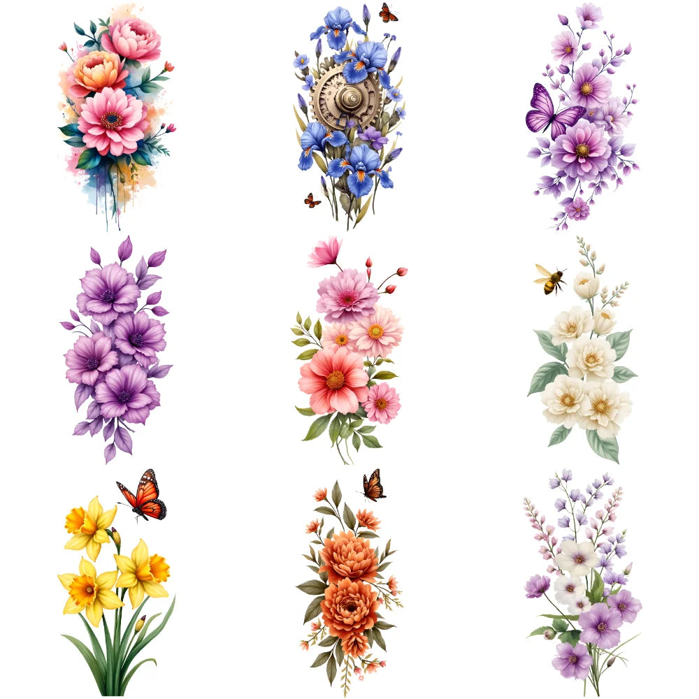 9-Pack Floral Temporary Tattoos – Rose, Lily & Harp Designs