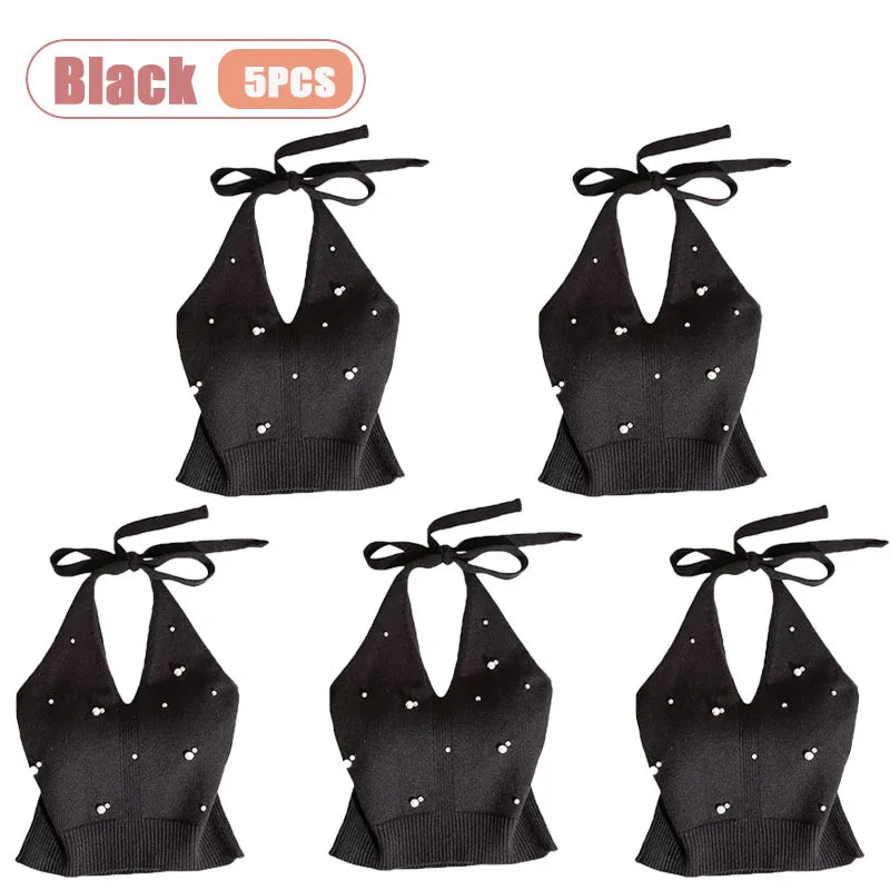 1-10PCS Beaded Halter Top for Women Sexy Backless Sleeveless Knit Cami Slim Fit Layering Outwear Summer Clothes Oasis Select Black-5PCS One Size