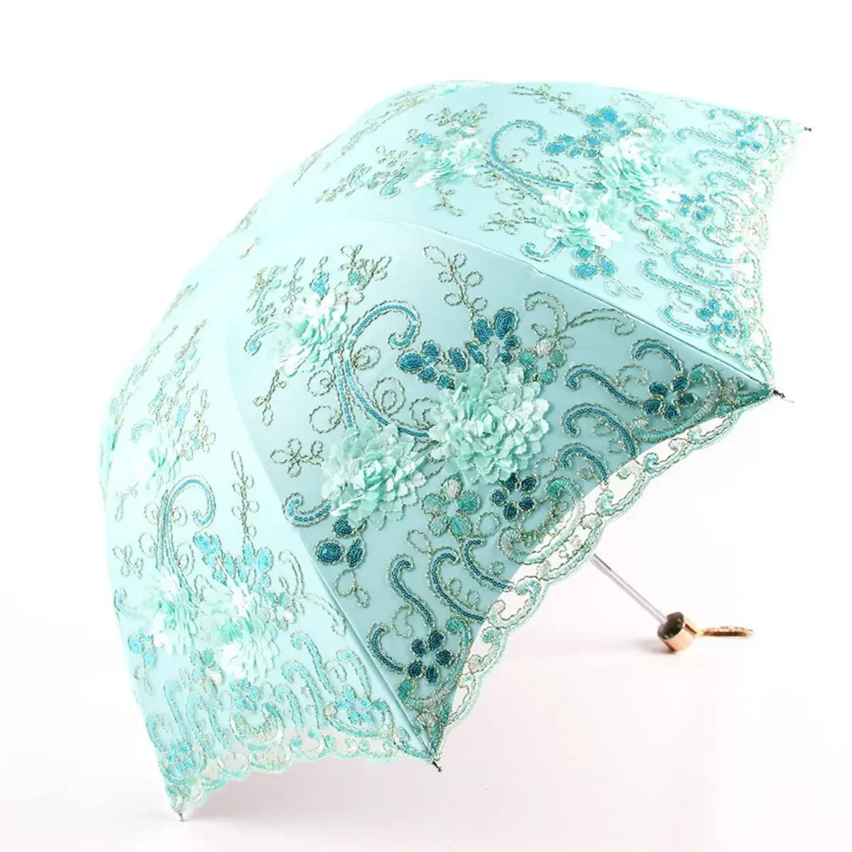 Folded Retro Embroidered Lace Double Layer Vinyl Three-fold Umbrella Wedding Umbrella Oasis Select green 8K iron