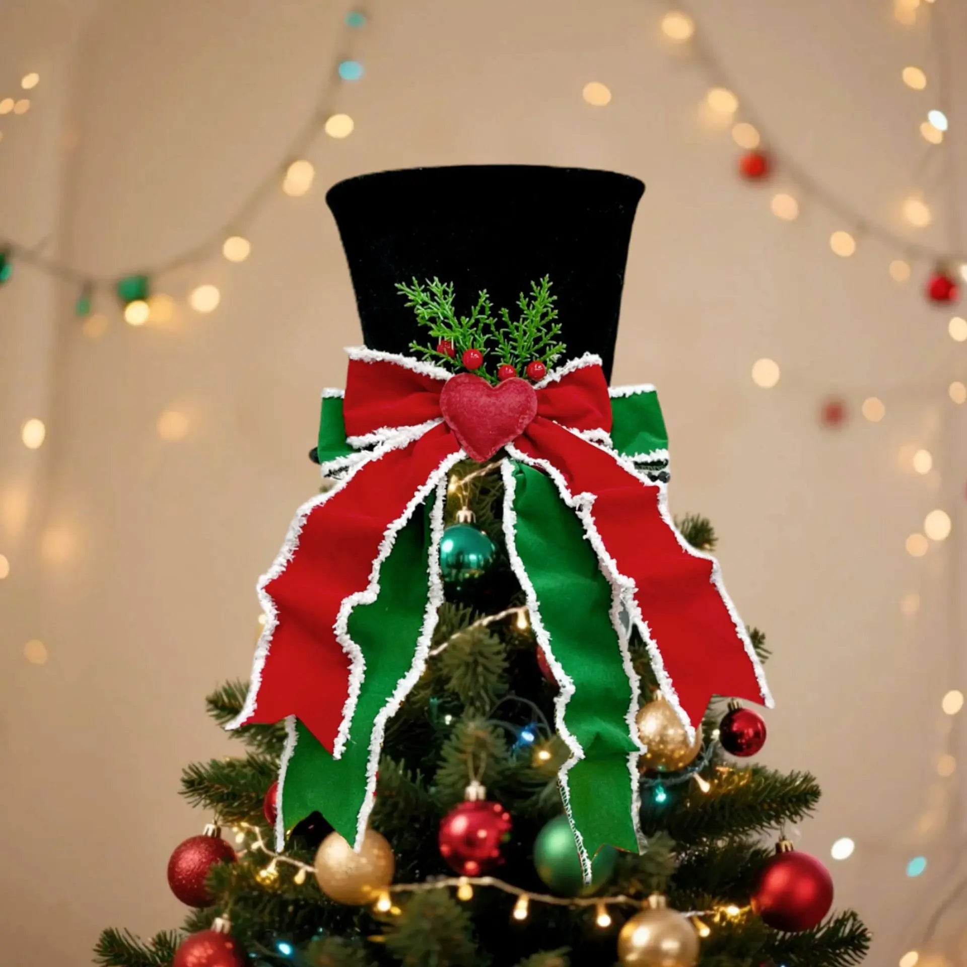 Christmas Tree Topper Hat Classic Heart Bow Hat Tree Topper Holiday Ornament for Home Decoration Oasis Select A