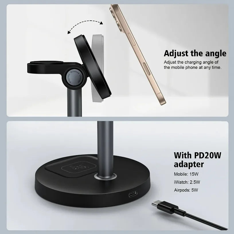 3 in 1 Desktop Magnetic Wireless Charger For iPhone 17 16 15 14 13 12 Pro Max Samsung Huawei xiaomi for Apple Watch AirPods Pro Oasis Select