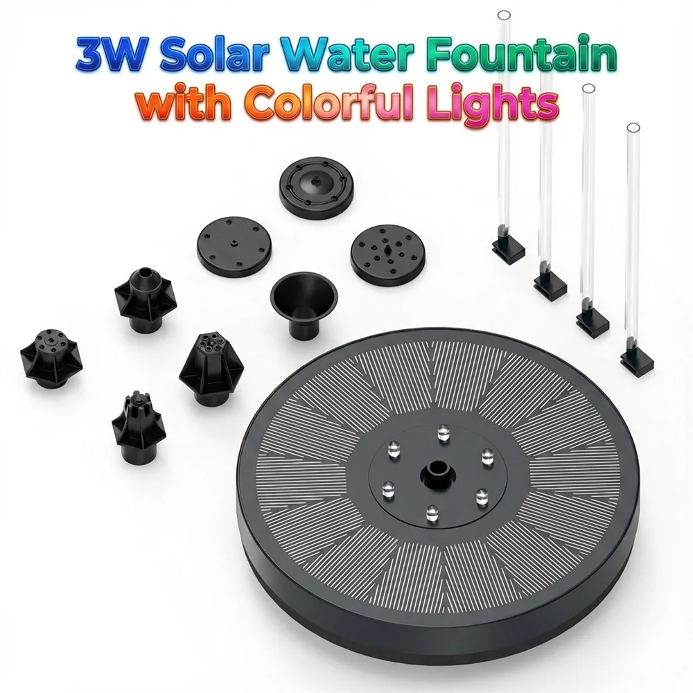 3W Solar Water Fountain with Colorfuls Light and 7 Different Nozzles, Ideal Outdoor Water Feature Decoration for Garden Pond Etc Oasis Select