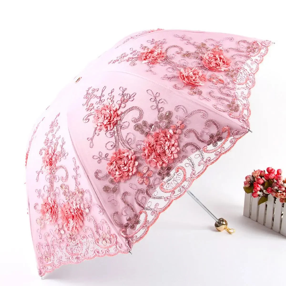 Folded Retro Embroidered Lace Double Layer Vinyl Three-fold Umbrella Wedding Umbrella Oasis Select powder 8K iron