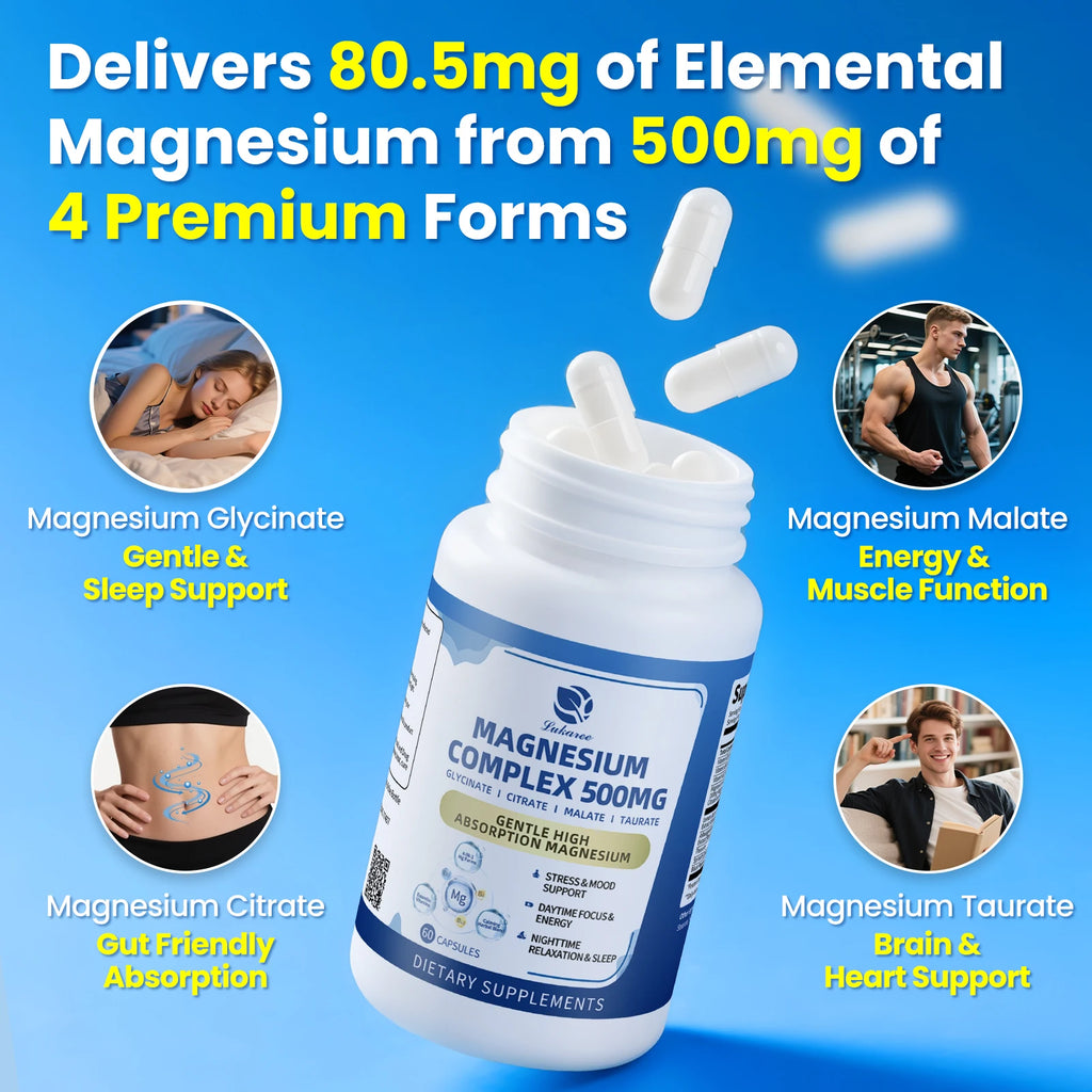 Lukaree Magnesium Complex Supplement 500mg,Malate,Taurate,Citrate Complex High Absorption Chelated Non-GMO for Rest,Energy,Mood Oasis Select