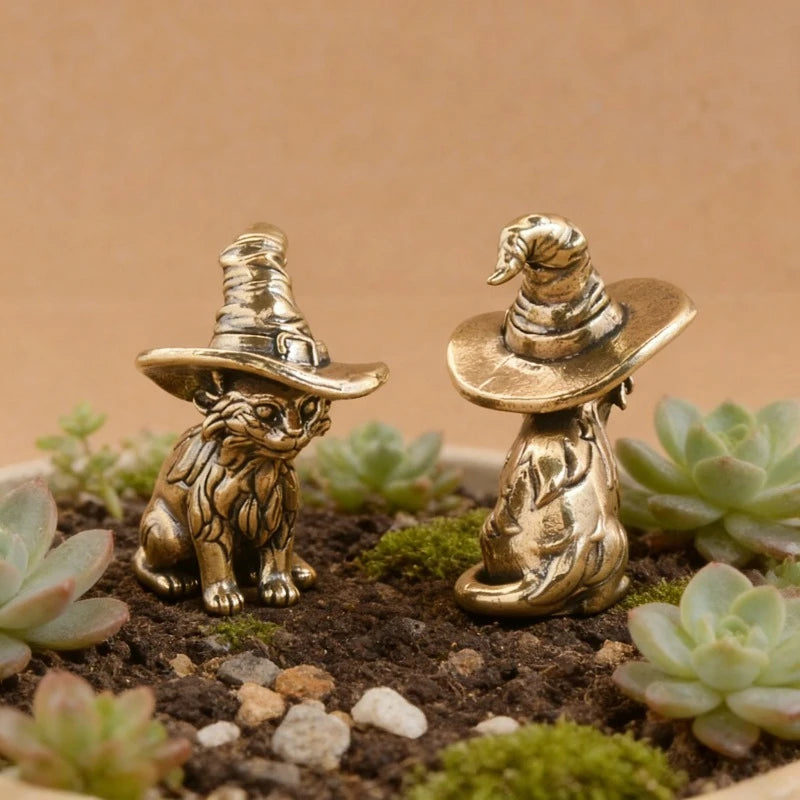 Vintage Solid Brass Witch Kitten Figurine Antique Style Home Desk Decor Ornament Creative Animal Sculpture Tea Pet Collectible Oasis Select