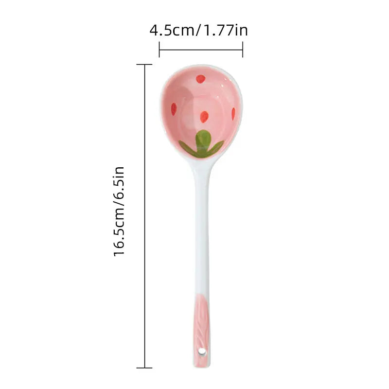 Kitchen Accessories Kawaii Strawberry Ceramic Soup Spoon Cute Korean Ice Cream Hand Painted Coffee Dessert Long Handle Spoon Oasis Select Pink 1PCS