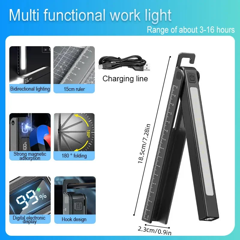 COB Work Pen Light LED Folding Work Flashlight with Magnet Portable Torch Rechargeable Outdoor Multi-Function Ruler Flashlight Oasis Select W09