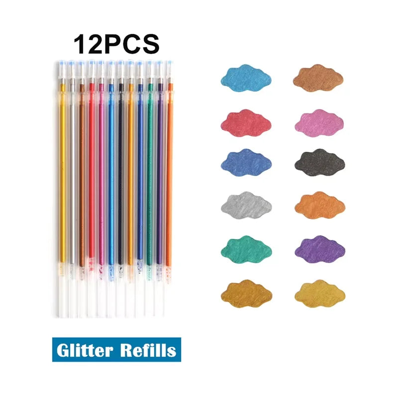 12/24Pcs Metallic Glitter Colors Gel Pens For School Office Adult Coloring Book Journals Drawing Art Markers Promotion Pen Oasis Select 12Pcs Glitter Refill