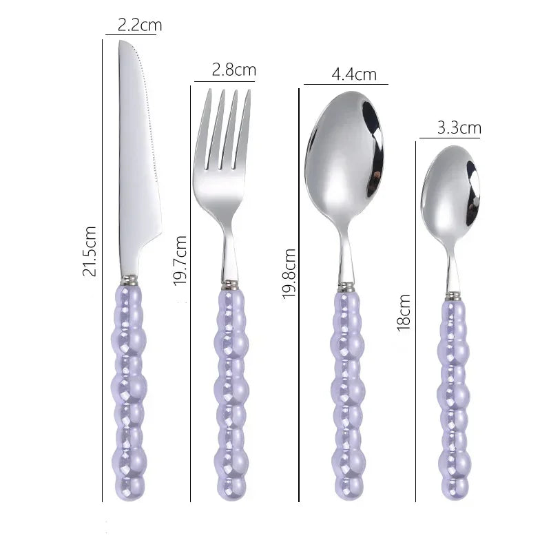 4Pcs/Set Luxury Dinnerware Stainless Steel Spoon and Fork Ceramic Pearl Handle Western Silver Cutlery High-looking Tableware Oasis Select Purple-4pcs