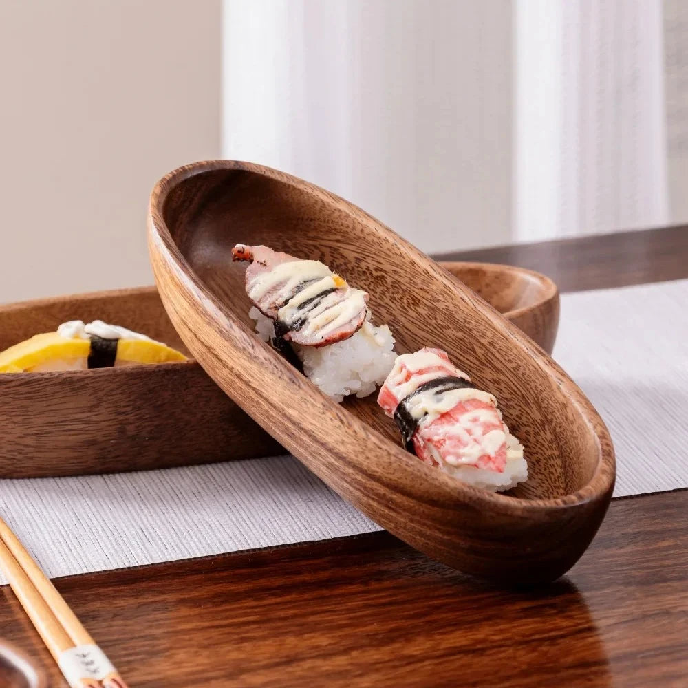Walnut Wood Boat-Shaped Bowl – Fruit, Nut & Sushi Plate Wooden Serving Bowl Oasis Select