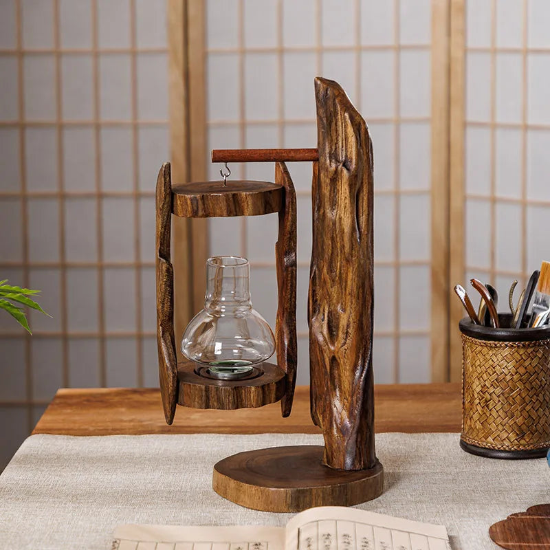 Log Wind Lamp Creative Candlestick Retro Southeast Asia Glass Cover Candlestick Outdoor Windproof Lantern Zen Decoration Oasis Select