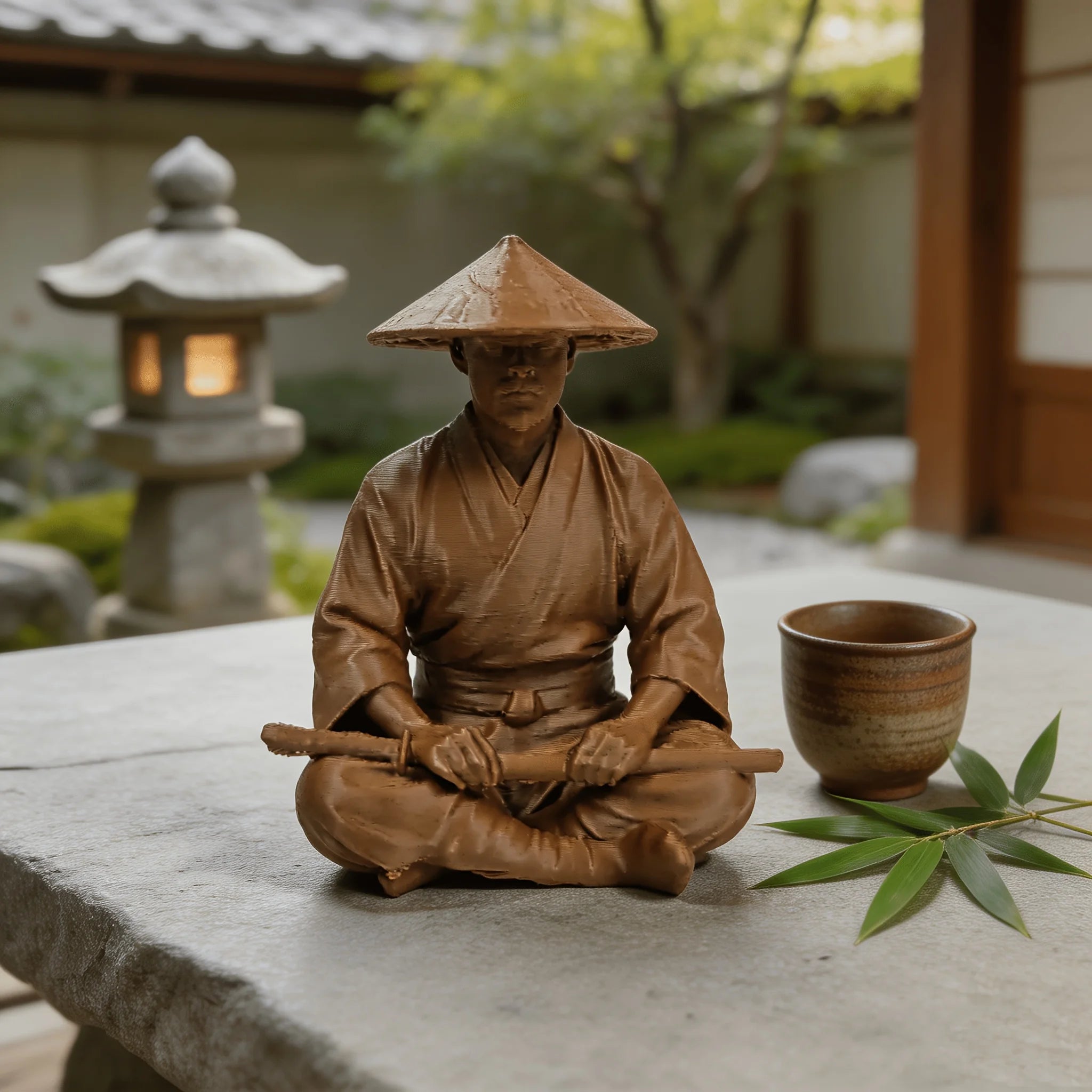 Meditating Ronin Warrior Figurine - Straw Hat Samurai Sculpture, Japanese Zen Statue for Tea Table & Courtyard DecorGift Oasis Select