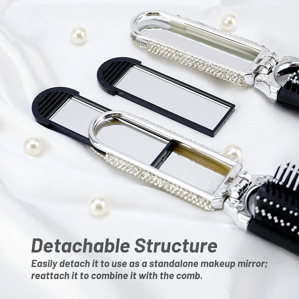 Crystal Foldable Hair Brush with Mirror – Compact Pocket Size Foldable Hair Brush Oasis Select