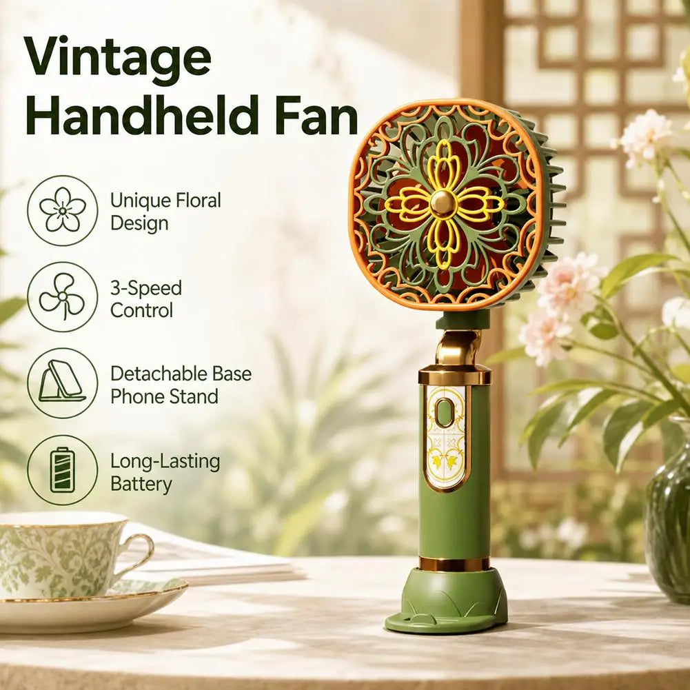 Vintage Handheld Fan Portable USB Rechargeable Mini Fan 3-Speed Desktop Fan with Phone Stand Cooling Summer Gadget Oasis Select
