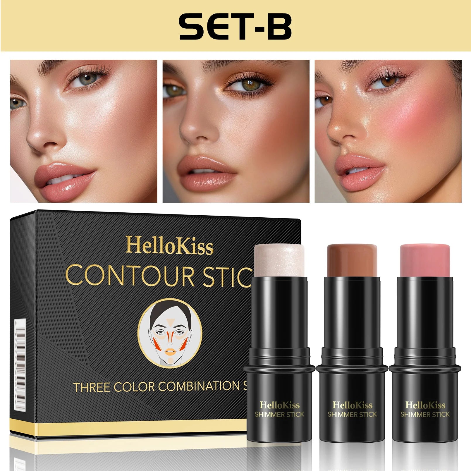 3-in-1 Cream Contour, Highlighter & Blush Stick Set with Brush