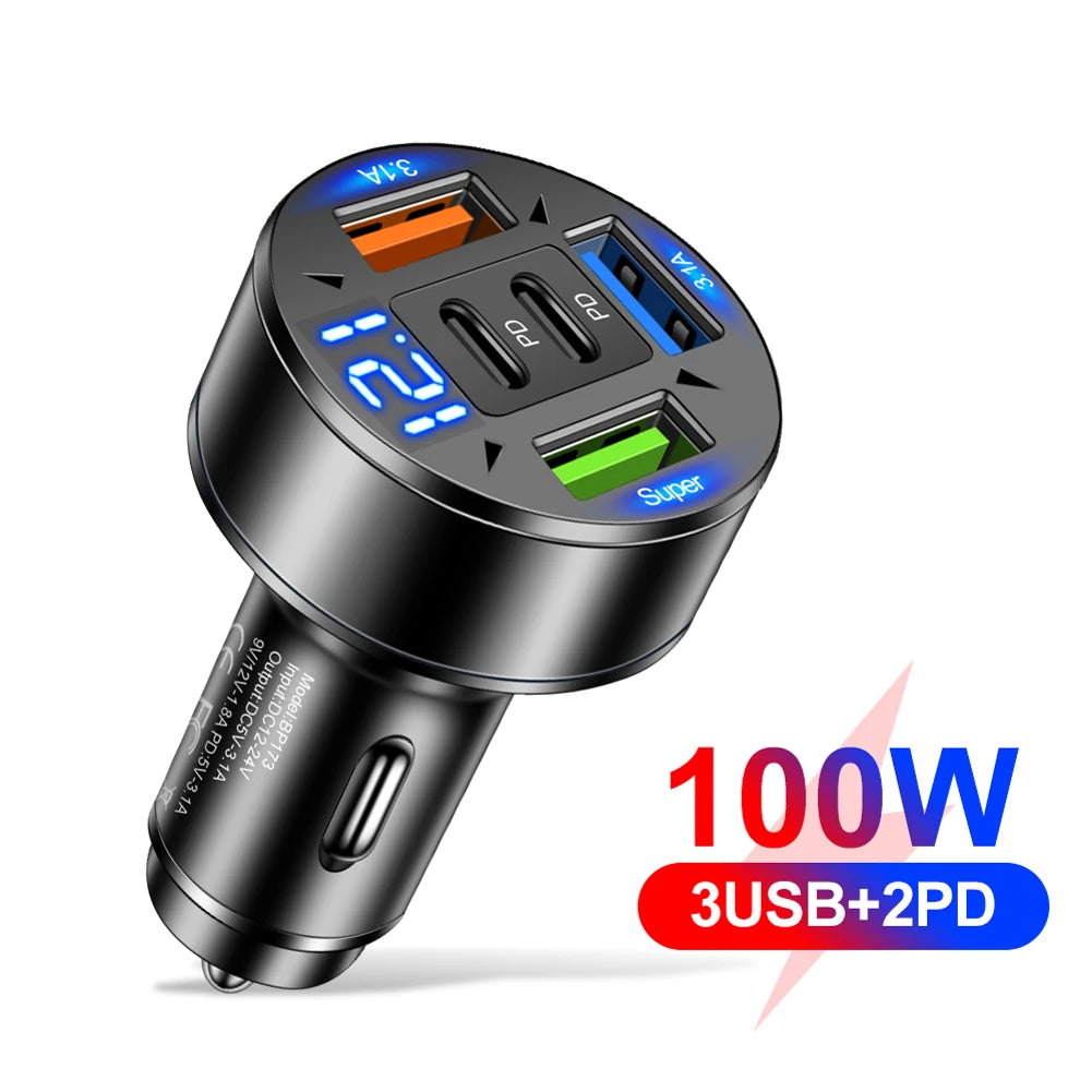 100W 5-Port Car Charger PD QC3.0 USB-C Fast Charging Car Charger Adapter Oasis Select