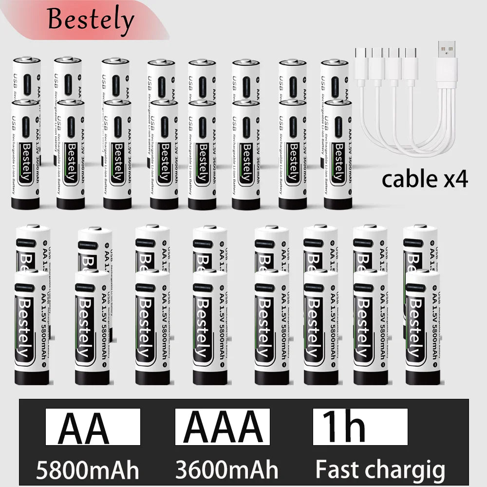 New 1.5V AA 5800mAh+AAA 3600mAh Lithium rechargeable Battery,USB Fast Charging Li-ion Battery , 2000 Cycles with USB- C Cable Oasis Select 16AA 16AAA