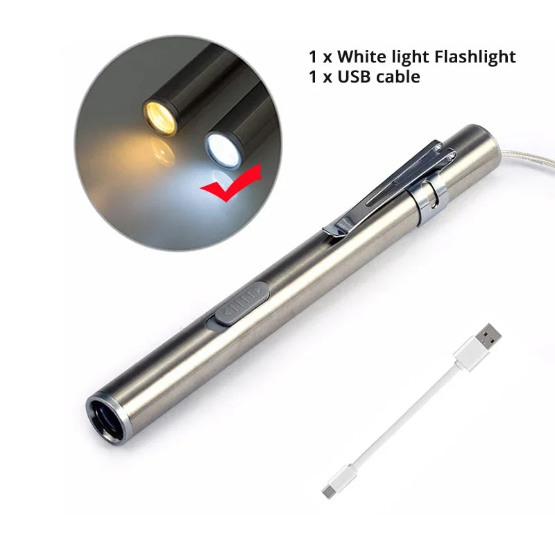 Mini Portable Medical Handy LED Pen Light Flashlight USB Rechargeable Dentist Nurse Torch with Stainless Steel Clip Oasis Select blue moon White ligh