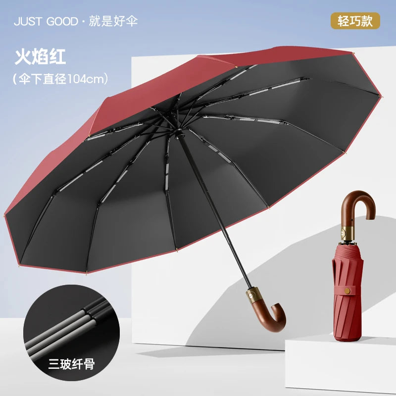 Automatic Umbrella Bent Hook Wooden Handle Umbrella Large Double Thickened Storm Resistant Umbrella Oasis Select Red 104cm 10K metal-fiber composite