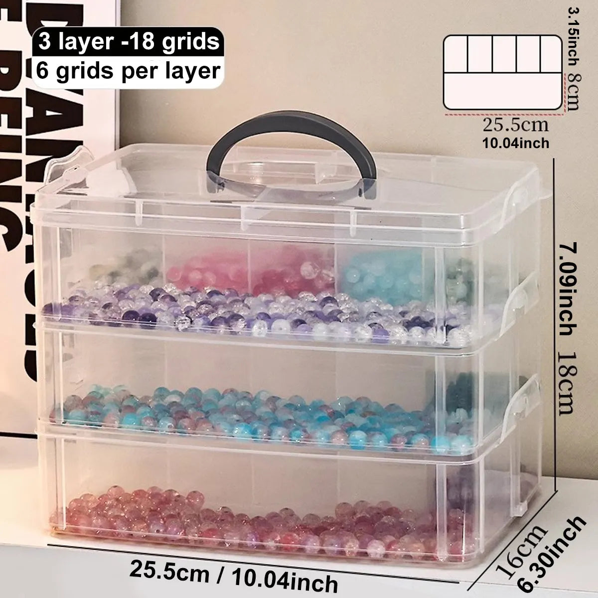 3-layer transparent storage box, stackable storage box, portable craft bead plastic box, jewelry storage box, storage tray Oasis Select 3-layer 18 grid