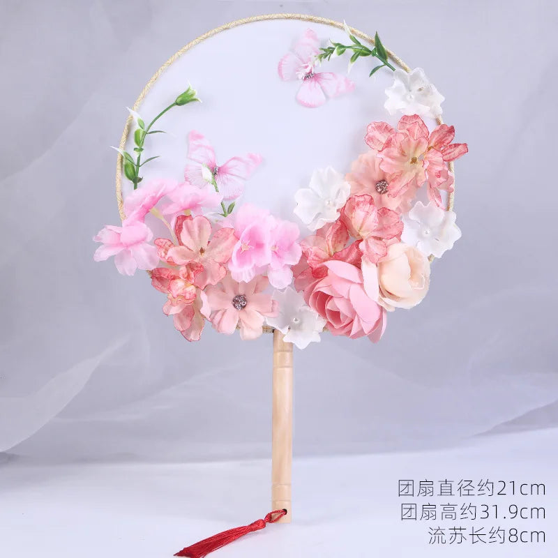 Exquisite Flower Butterfly Round Fan Women Dance Performance Props Wedding Craft Home Decoration Oasis Select B