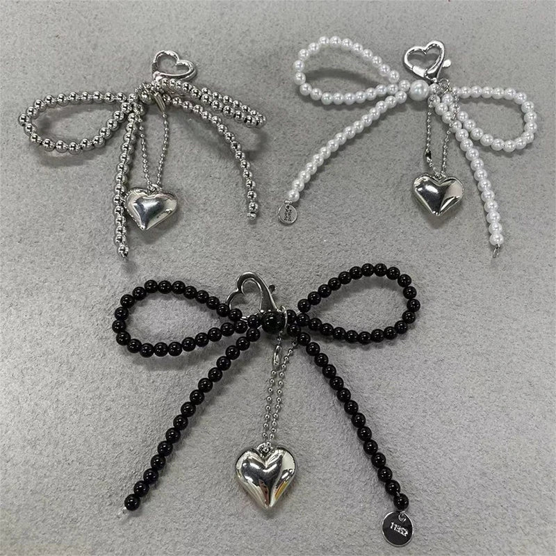 Delicate Beaded Key Chain Handmade Pearl Bow Shaped Pendant Keyring Heart Keychain Ornament Pearl Decoration For Bags Phones Oasis Select