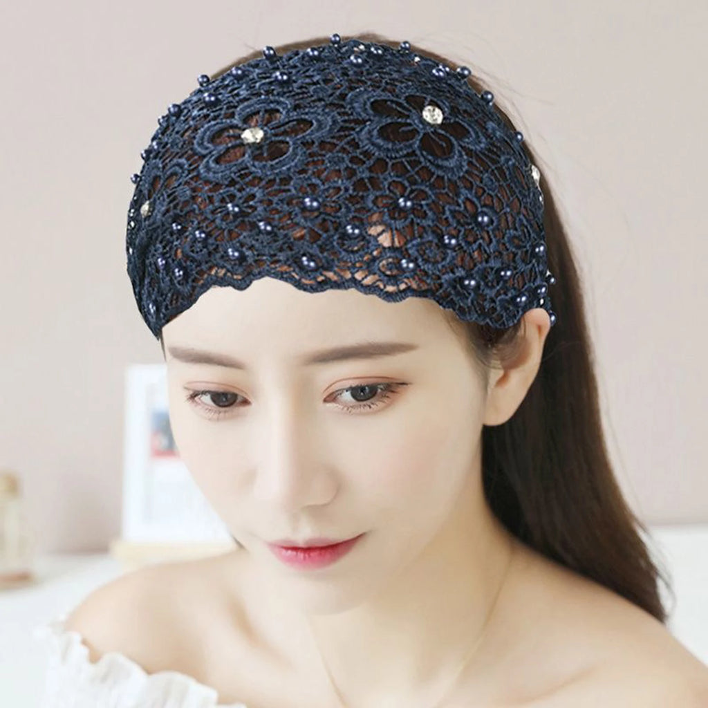 Women's Hollow Floral Rhinestone Pearl Wide Headband | Hair Band Wide Hair Headband Oasis Select Navy One Size