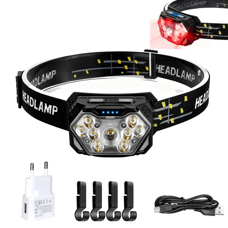 Rechageable Motion Sensor Headlight 9 Led Strong Light Headlamp Portable Fishing Camping Outdoor Head Lamp Work Flashlight Oasis Select 1PCS-clip-EU