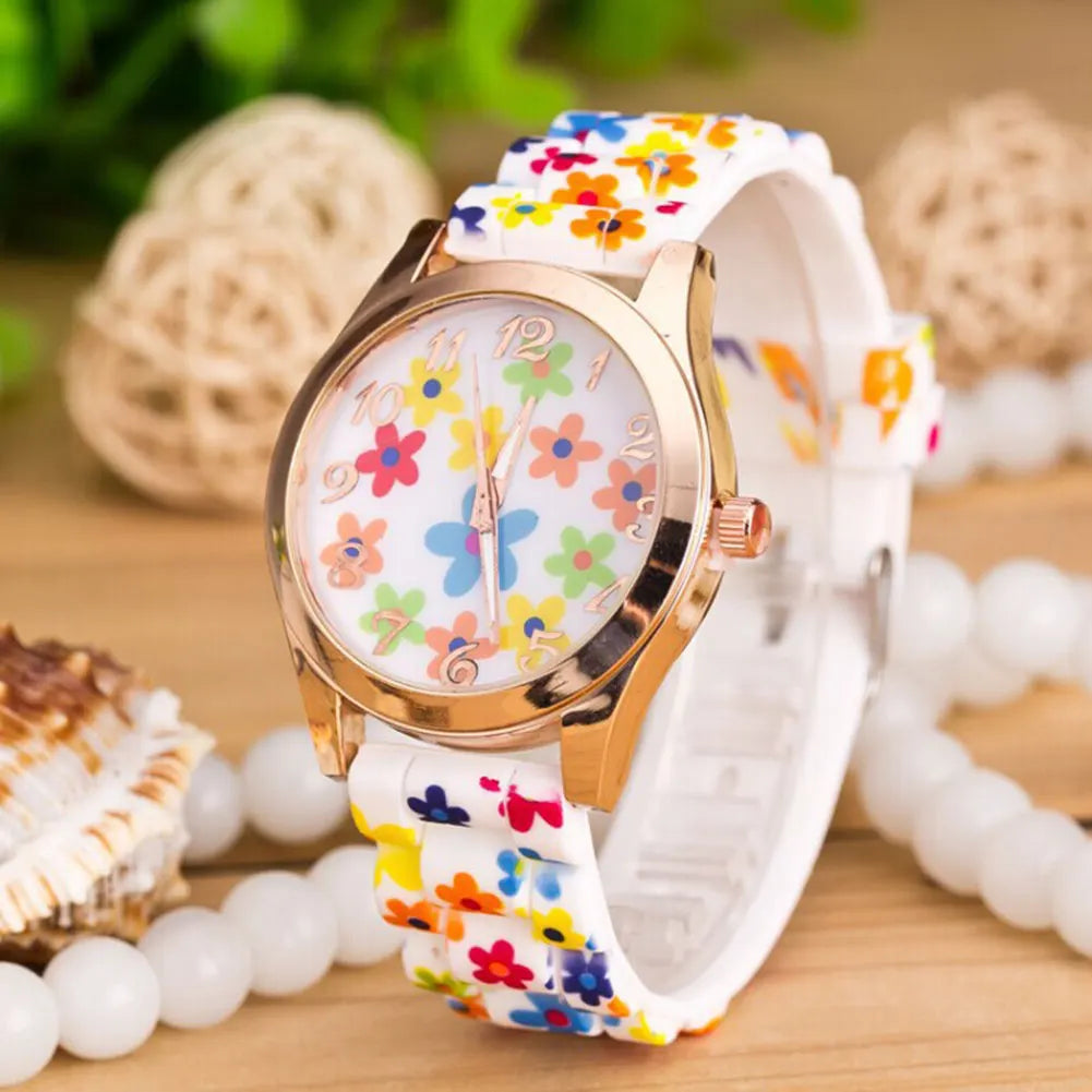 Women's Floral Dial Quartz Watch – Elegant Silicone Wristwatch